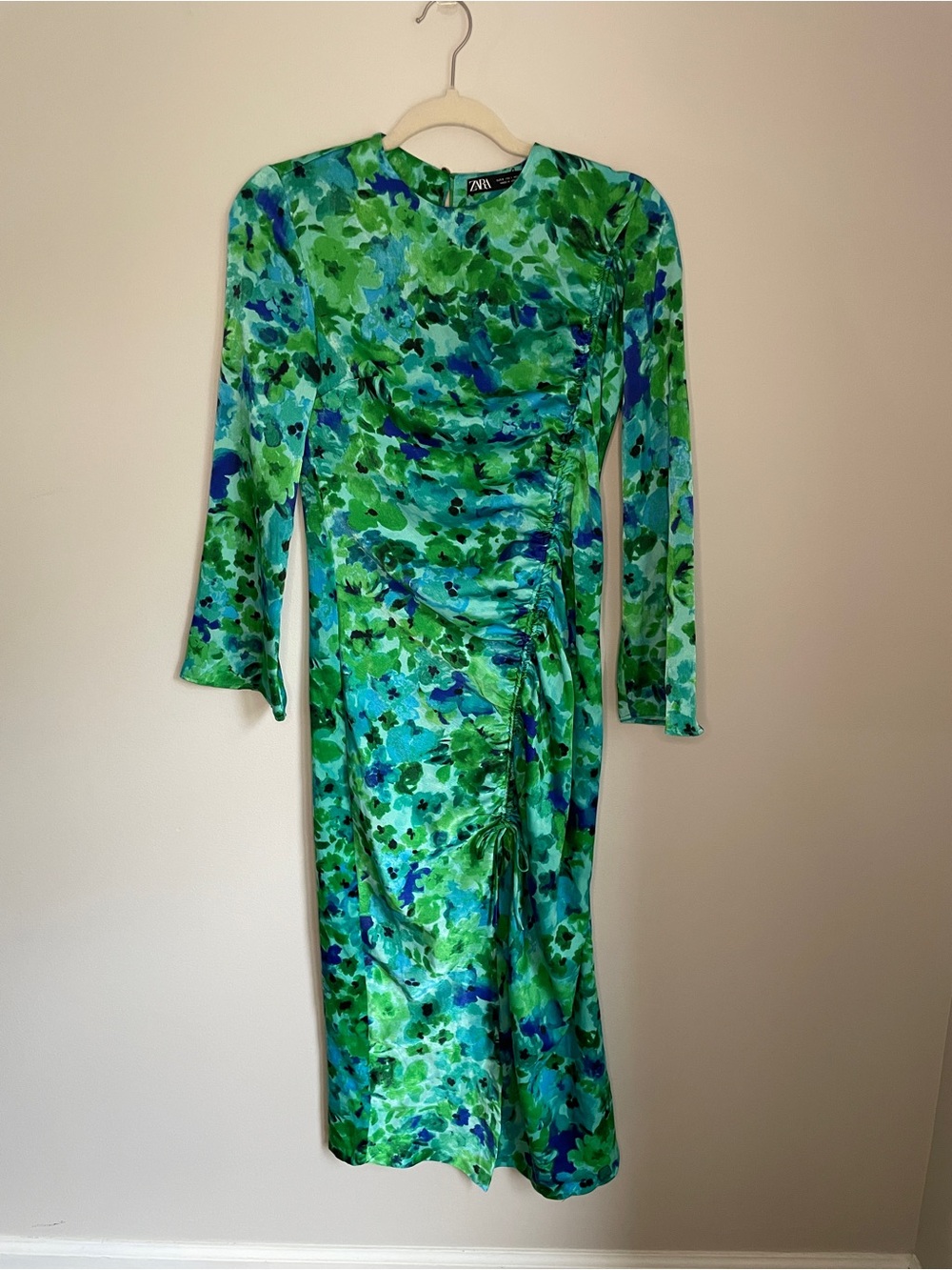 Zara Floral High Neck Long Sleeve Midi Dress Women Small Blue Green Ruched NWOT - Picture 2 of 10